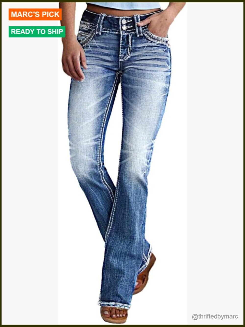 Stretchy Slim Fit Bootcut Jeans Mid Rise Zip Closure Distressed Pocket